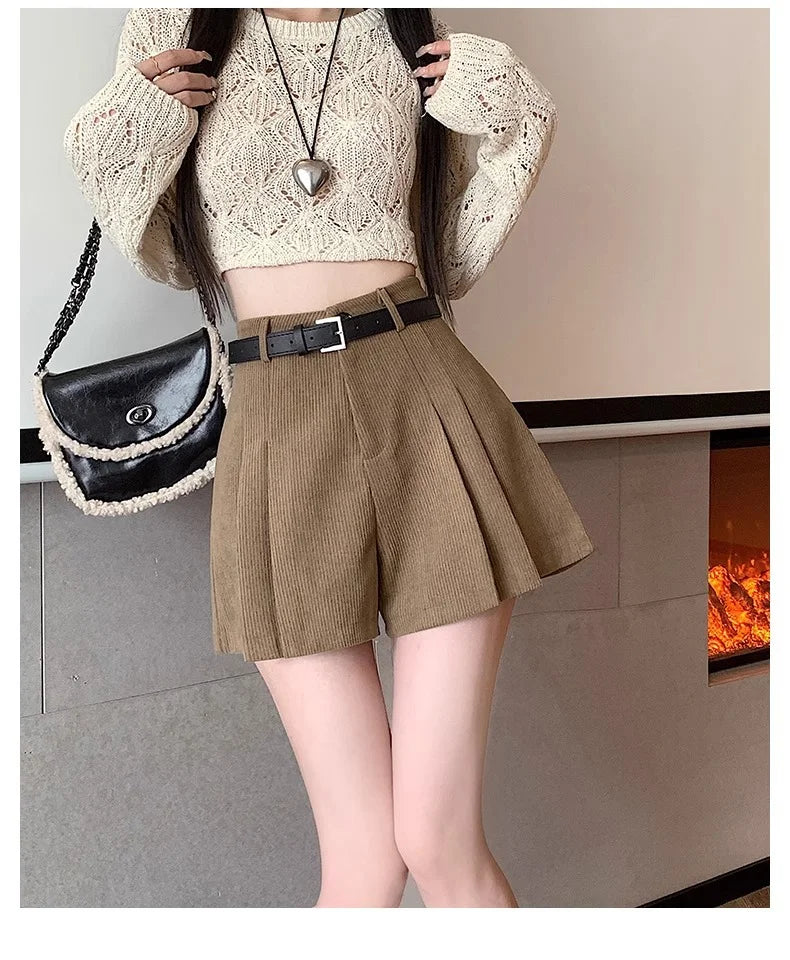 Corduroy Velvet Women Shorts Autumn Winter High Waist Slim Flared Trousers Fashionable Temperament A- crotch Boots