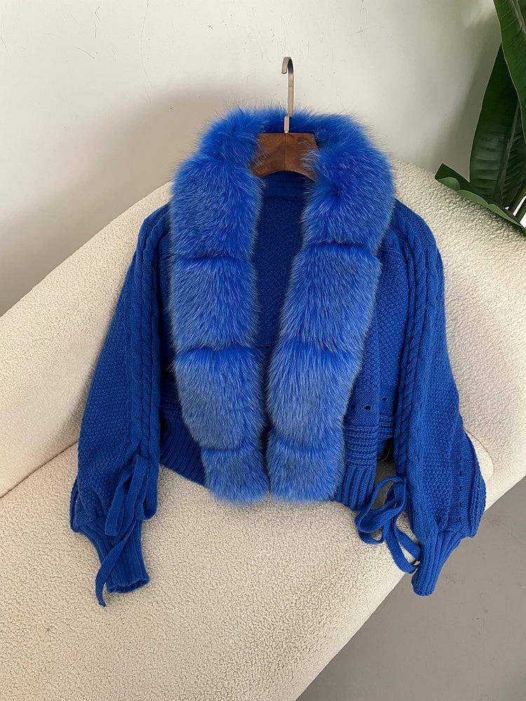 New Knitting Cardigan 2024 Winter Women Knitted Jacket with Natural Fur Placket Coat Casual Real Fox Fur New Fashion Short Warm