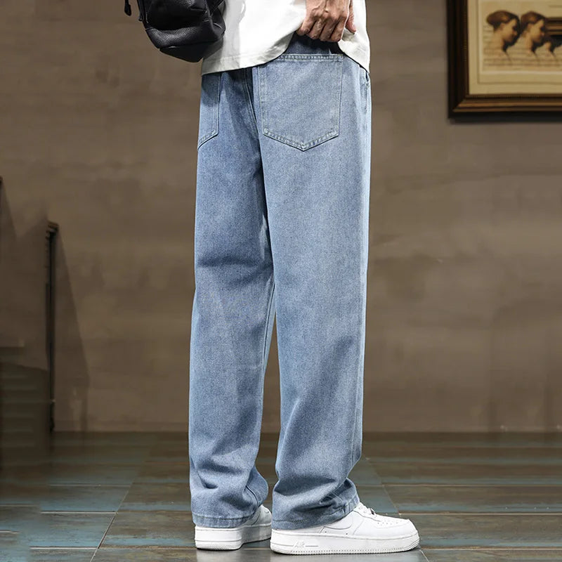 Men Straight Leg Blue Gray Loose Y2K Drawstring Jeans Streetwear Casual Wide Denim Pants Male Baggy Stylish Harajuku Trousers