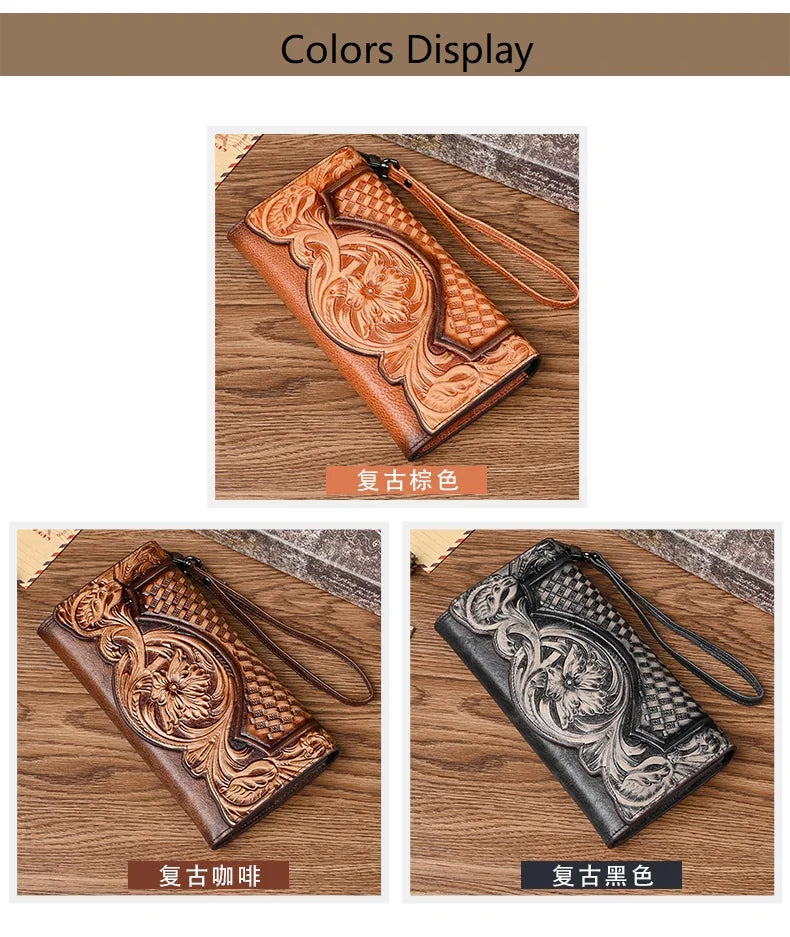 Floral Genuine Leather Wallet Women Handmade Real First Layer Cow Leather Clutch Bag Large Female Card Holder Purse