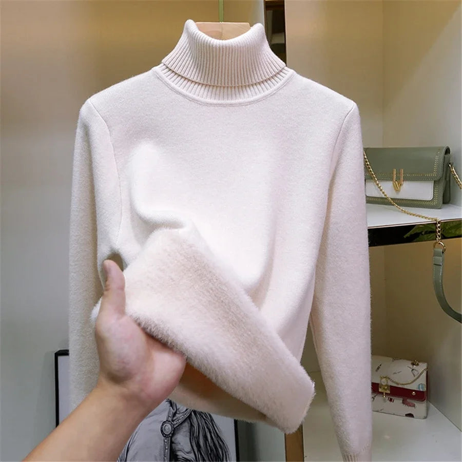 Winter Thick Plush Fleece Lined Knit Pullover Warm Soft Knitwear Jumper Turtleneck Sweater Women Slim Sueter Top New Malhas Pull