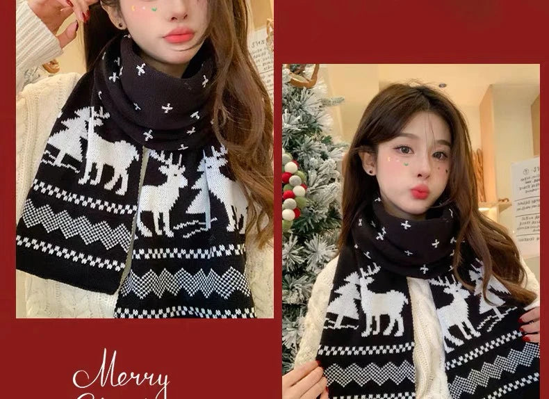 Winter Warm Scarf for Women Men Deer Elk Double-Sided Knitted Scarves Fashion Versatile Woolen Shawl Girls Christmas Present