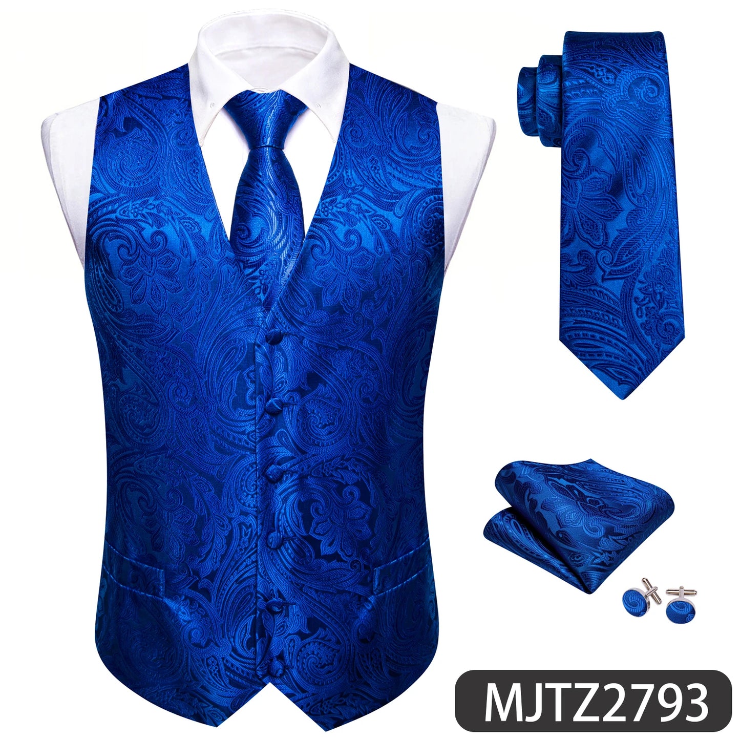 Sky Navy Royal Teal Blue Silk Men Vest Tie Hanky Cufflink Set Woven Waistcoat Sleeveless Jacket Male Wedding Business Barry.Wang