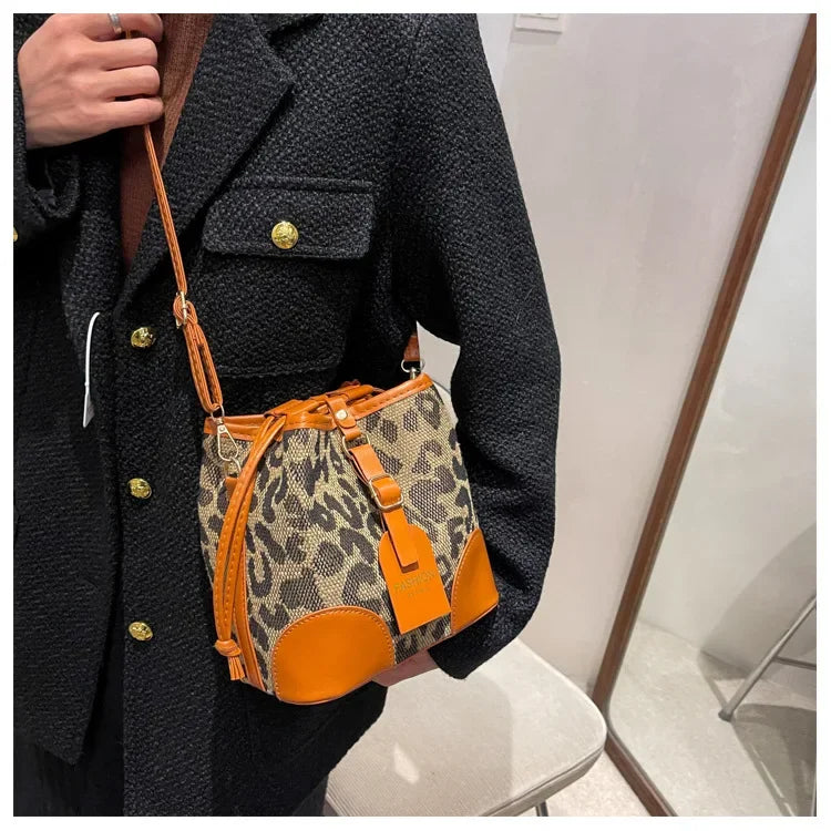 Leopard Small PU Leather Women Bucket Crossbody Bags 2024 Fall Designer Shoulder Bag Luxury Brand Ladies Handbag Lady Trend Tote