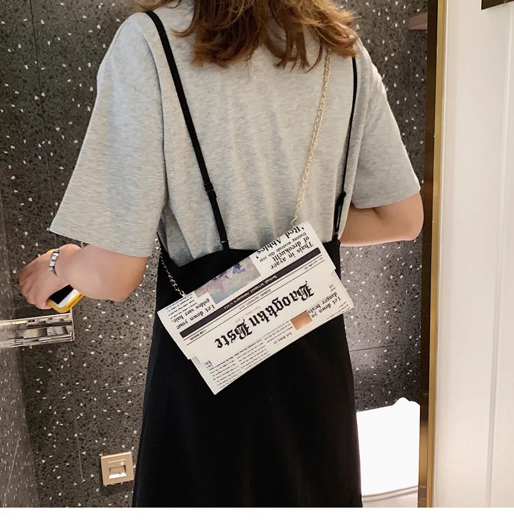 Fashion Women Newspaper Letter Printing PU Leather Shoulder Underarm Bag Casual Ladies Small Purse Buckle Handbag Messenger Bags