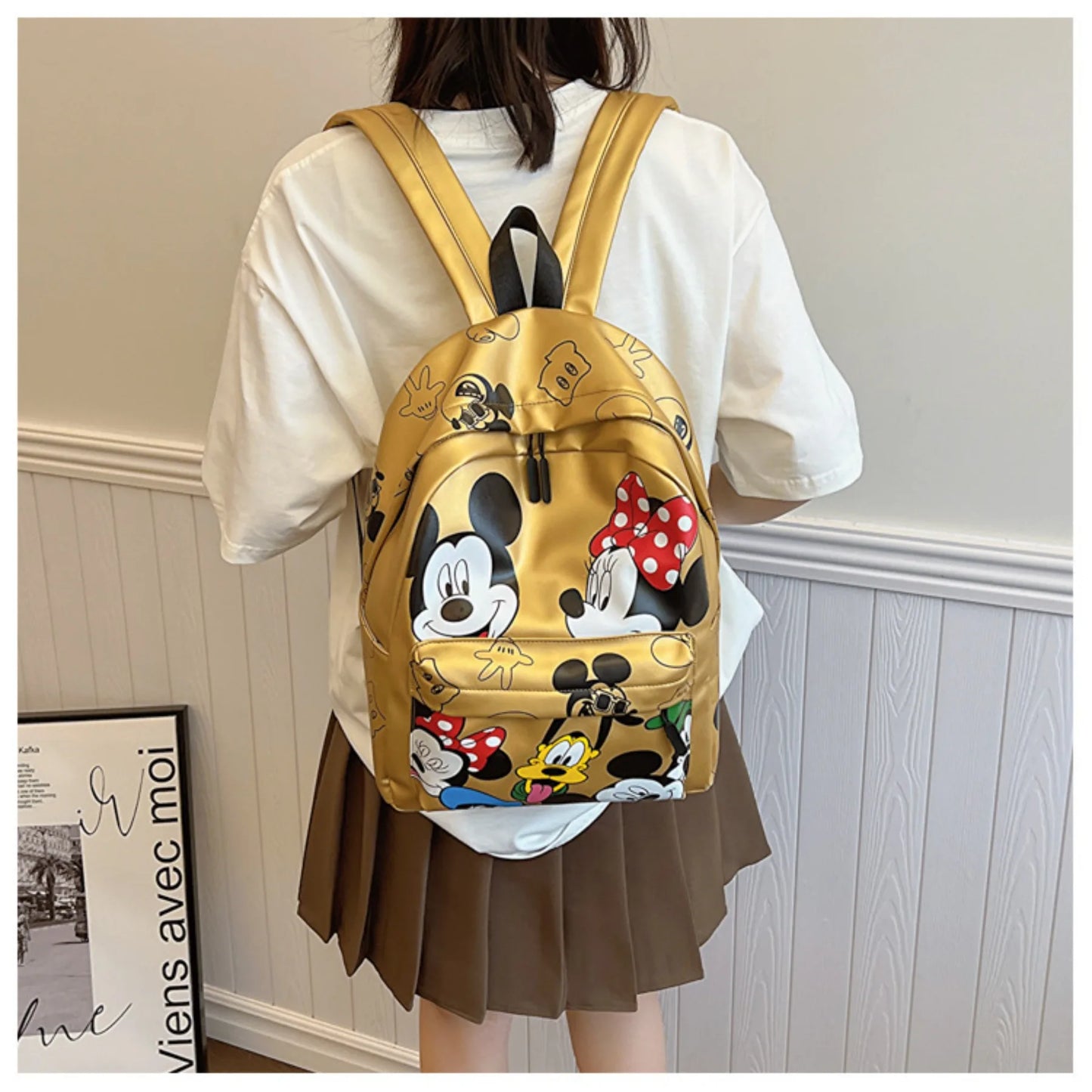 New Disney Mickey PU Leather Backpack Classic Cartoon Laptop Bag Minnie Mouse Large Capacity School Bag Women Fashion Tote Bag