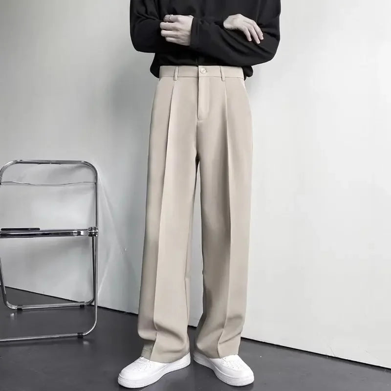 Spring Autumn Korean Style Men's Straight-leg Suit Pants Loose Fit Casual White Wide-leg Trousers Dragging Pants