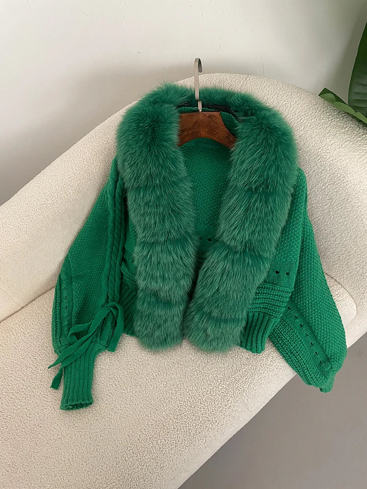 New Knitting Cardigan 2024 Winter Women Knitted Jacket with Natural Fur Placket Coat Casual Real Fox Fur New Fashion Short Warm