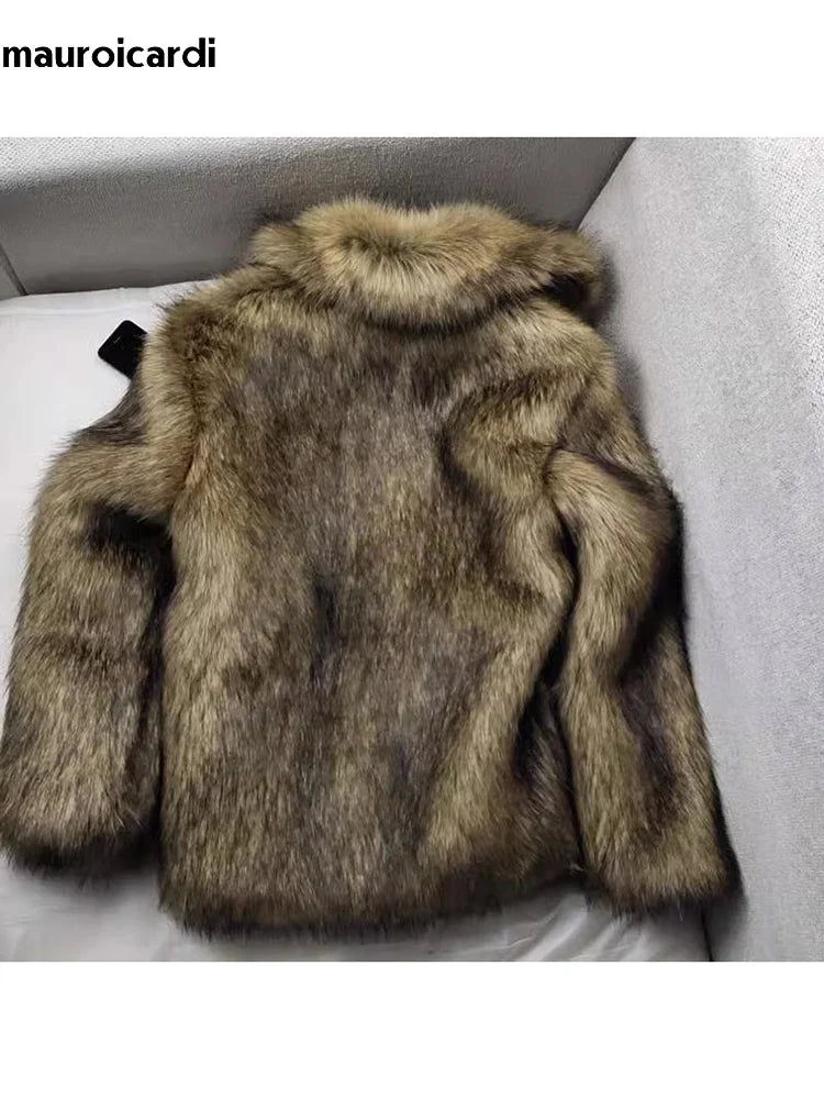 Mauroicardi Winter Short Thick Warm Hairy Shaggy Faux Raccoon Fur Coat Men Long Sleeve High Quality Luxury Fluffy Jacket 2023