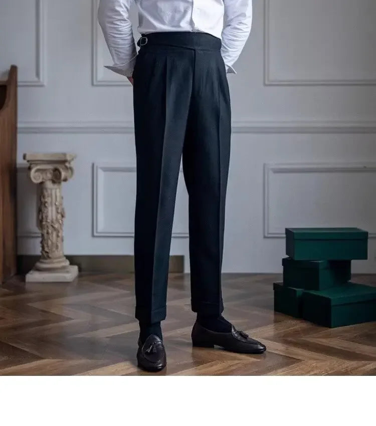 Spring Autumn White Men's Trousers Business Casual Cropped Pants Paris Button Trendy Italian Style