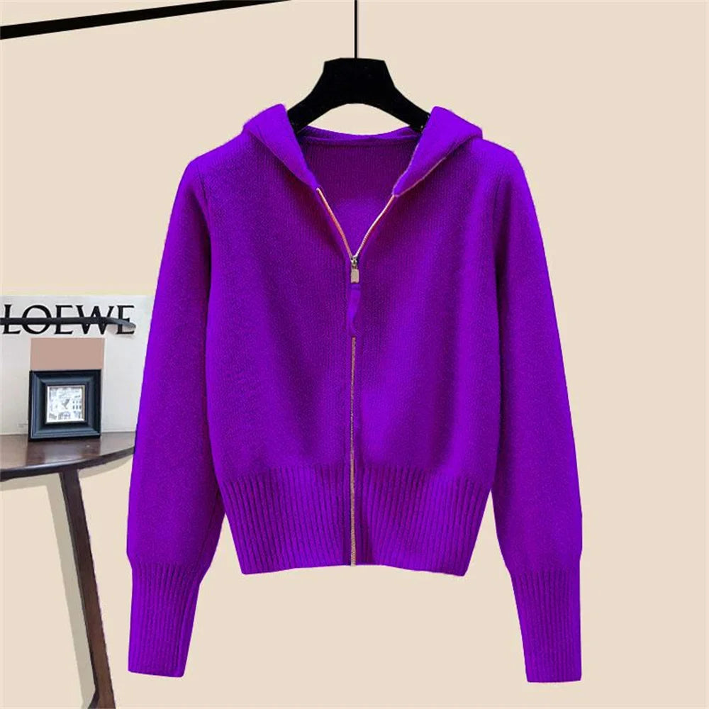 Autumn Winter Long Sleeved Double Zipper Soft Cardigan Sweater With Hat Design Top Spring Fashion Hooded Sweater Jacket Women