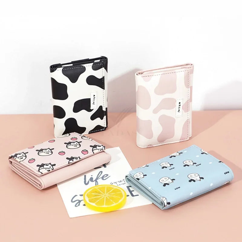 Women New Fashion Wallet Pu Leather Cartoon Cow Cattle Short Ladies Multi-card Slot Coin Purses Student Cute Triple Fold Wallet