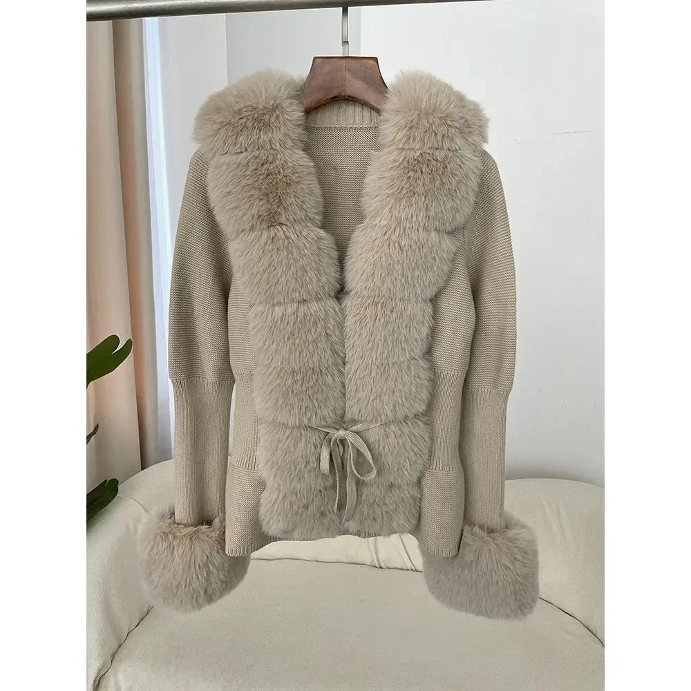 Autumn/Winter 2024 Women's Fur Coat Luxury Patchwork Knitted Sweater Bandage Fur Cardigan Detachable Collar Jacket Faux Fur Coat