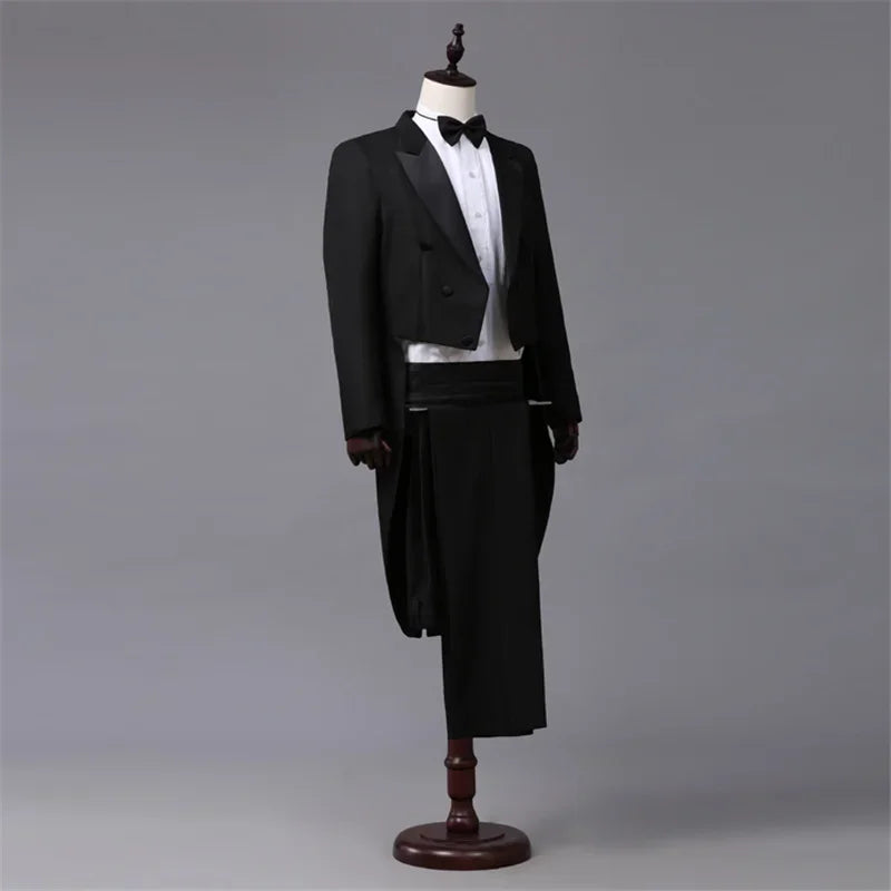 Costume de smoking pour homme, vintage, formel, coupe ajustée, revers en pointe, pantalon de smoking, queue-de-pie, chanteur, magicien, veste de scène, tenues