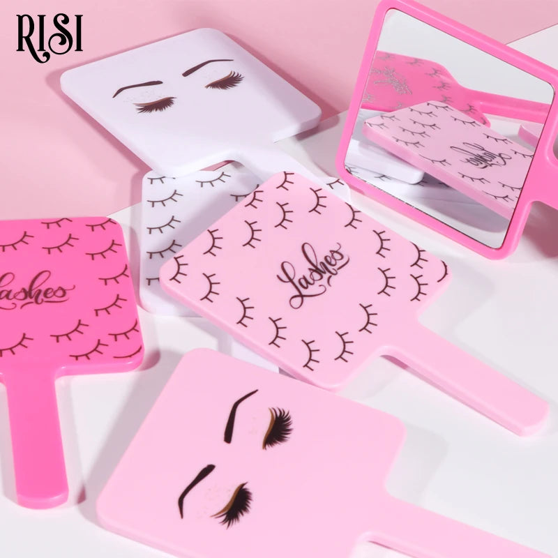 RISI Lovely Private LOGO Eyelash Extension Handheld Makeup Mirror Fashion Eyelash Mirror With Handle