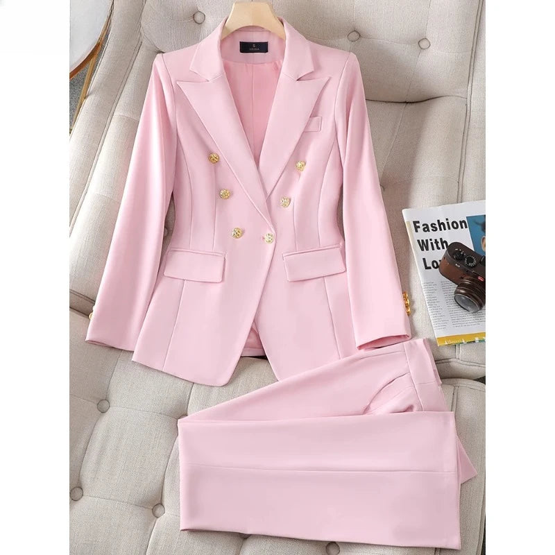 Button Decoration Formal Jacket Blazer and Trouser 2 Piece Set Fashion Pink Green Black Ladies Work Wear Pant Suit Women