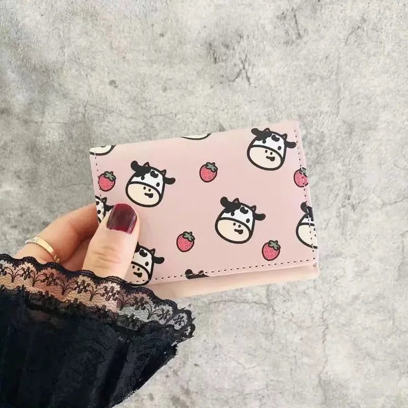 Women New Fashion Wallet Pu Leather Cartoon Cow Cattle Short Ladies Multi-card Slot Coin Purses Student Cute Triple Fold Wallet