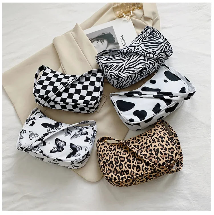 Women Shoulder Bag Fashion Animal Pattern Print Bag Casual Nylon Butterfly Leopard Zebra Cow Print Women Handbag Underarm Bags