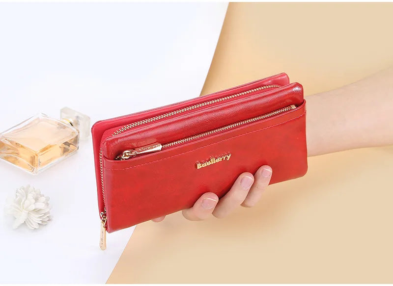 Women Wallets Long Purses for Women with Zipper Coin Pocket Top Quality Card Holder Female Red Soft Leather Wallet Ladies Purse