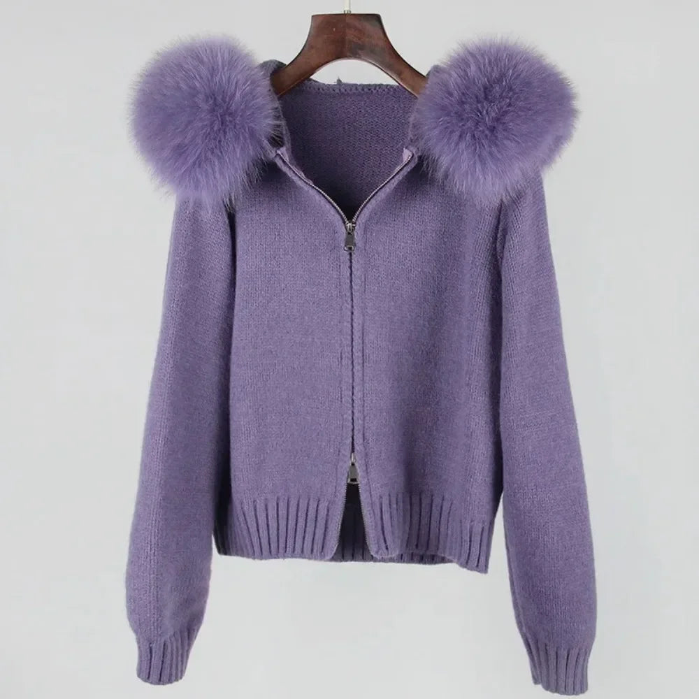 2024 Fashion Autumn Winter Casual Hooded Real Fox Fur Collar Fashion Short Knitted Jacket with Natural Fur Coat for Women