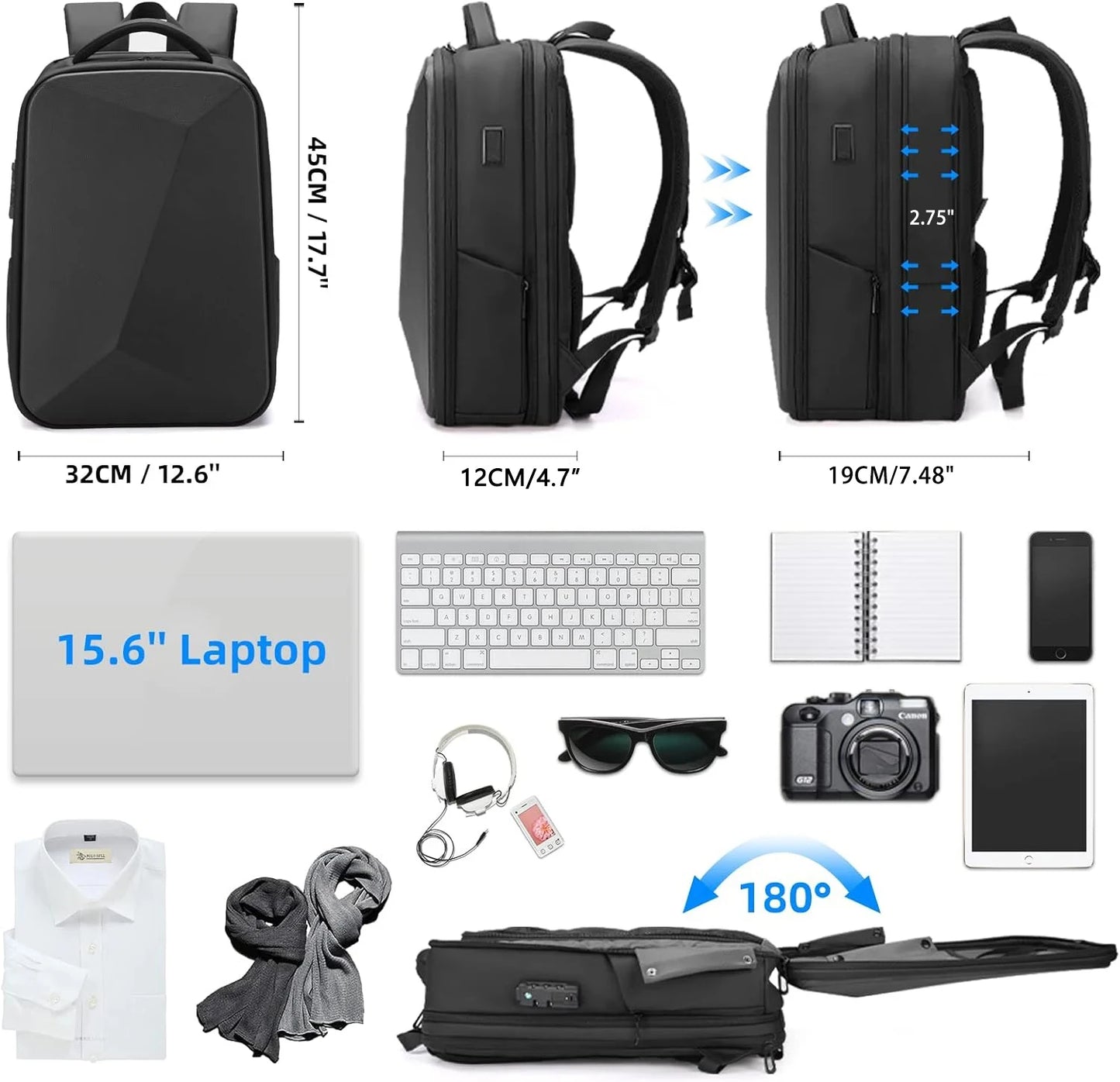 Men's 15.6 inch Laptop Backpack Expandable Travel Bag Waterproof Anti-theft Business Backpack USB Charging ABS Hard Shell Bag