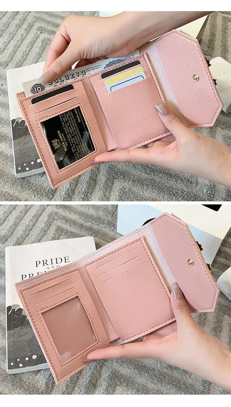 Women Wallet Foldable Portable Ladies Short Coin Purses Fashion Cute Bow Clutch Bag PU Leather Quality Female Card Holder Purse