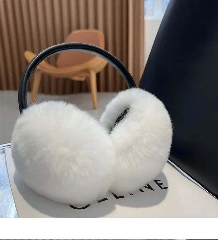 100% Natural Fur Ear Muffs for Women Winter Fur Headphones Soft Warm Cable Furry Real Rex Rabbit Ear Covers for Cold Weather