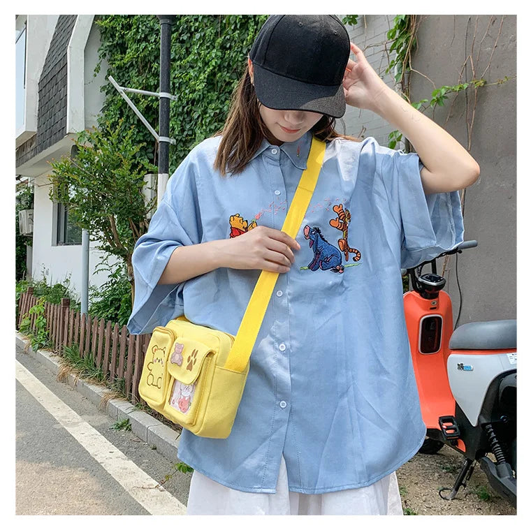 Canvas Small Bag Japanese ins Women Shoulder Bag Cute Funny Personality Embroidery Bear Girl Student Transparent Messenger Bag