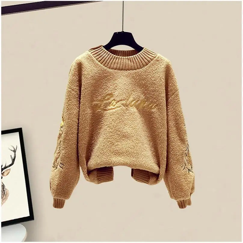 Thickened Cotton Jacket Vest Knitted Long Sleeved Sweater Pullover Woolen Pants Three Piece Elegant Women's Pants Set