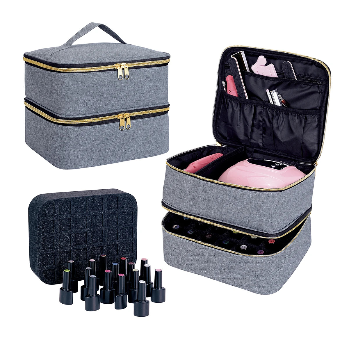 Double-Layer Makeup Bag With Handle, Large Capacity Cosmetic Storage Case, Travel Toiletry Nail Tool Organizer Travel Accessorie