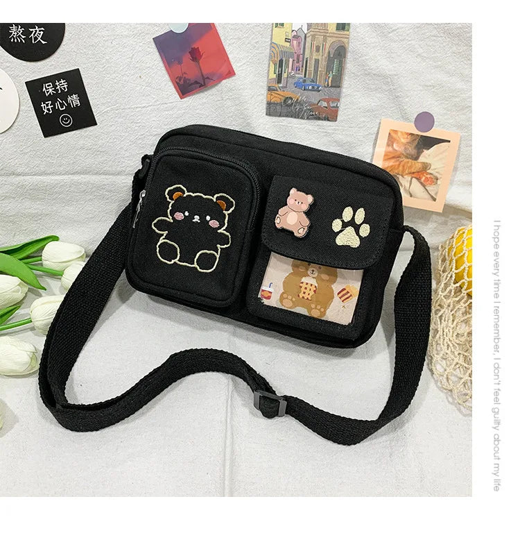 Canvas Small Bag Japanese ins Women Shoulder Bag Cute Funny Personality Embroidery Bear Girl Student Transparent Messenger Bag