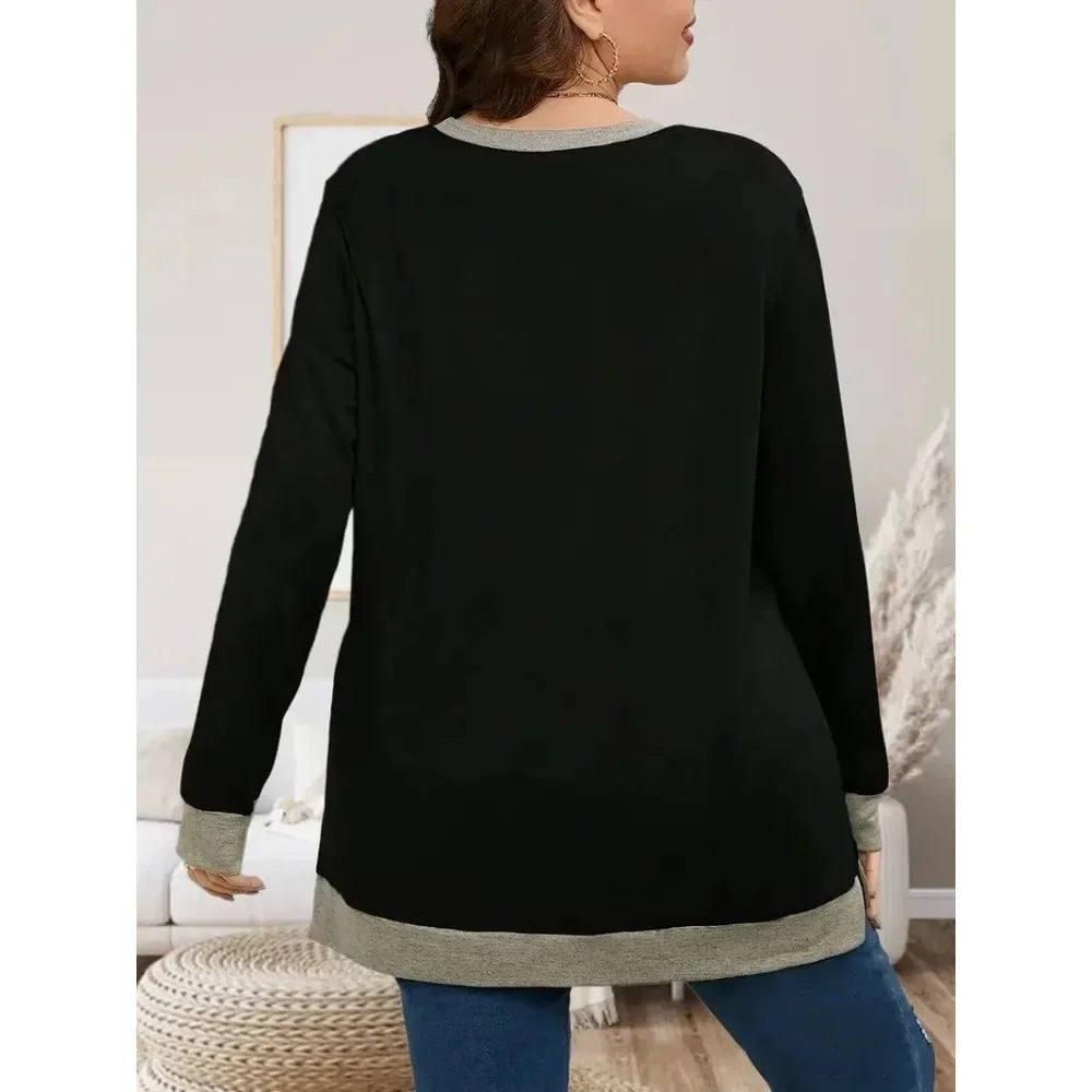 Women's XL-5XL Plus  Size Casual Color Blocking Long-sleeved T-shirt Pullover Fashion Crew-neck Sweatshirt Top