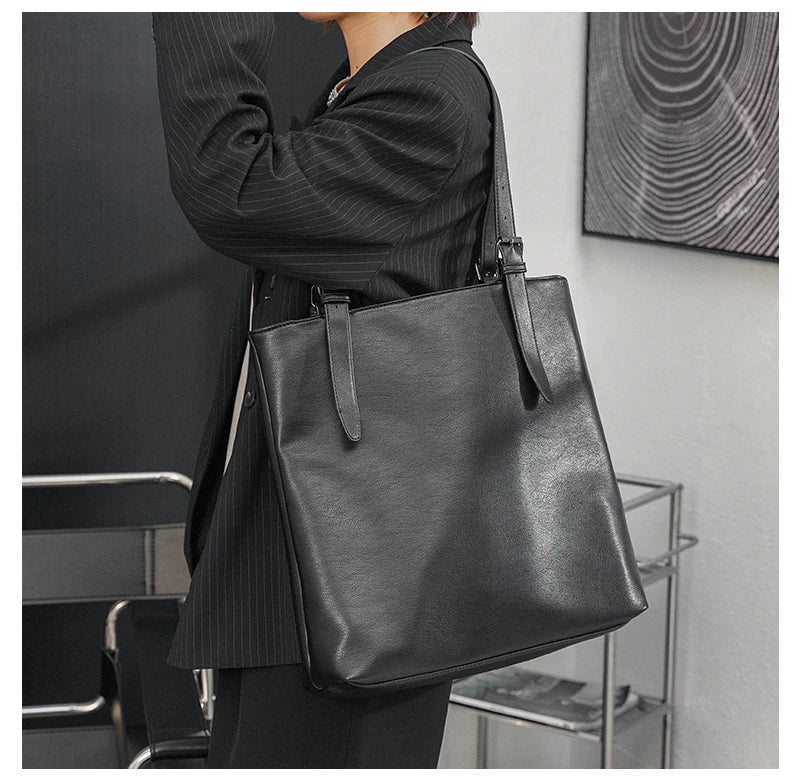 Soft Leather Tote Bag for Men Japanese Korea Style Business Casual Street Handbag Male Large Capacity Zipper Laptop Underam Bags