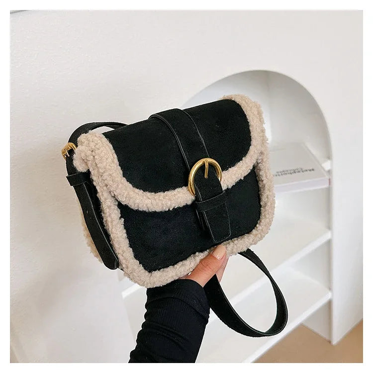 Women's Shoulder Bag Suede and Faux Fur Patchwork Retro Lock Crossbody Bag Small Flap Handbag Brand Designer Tote Bags Handbag