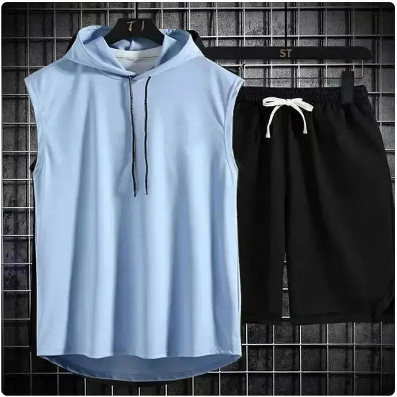 Men's oversized tracksuit, sleeveless hooded T-shirt, shorts, sports vest, two-piece suit, gym sweatpants, new for summer