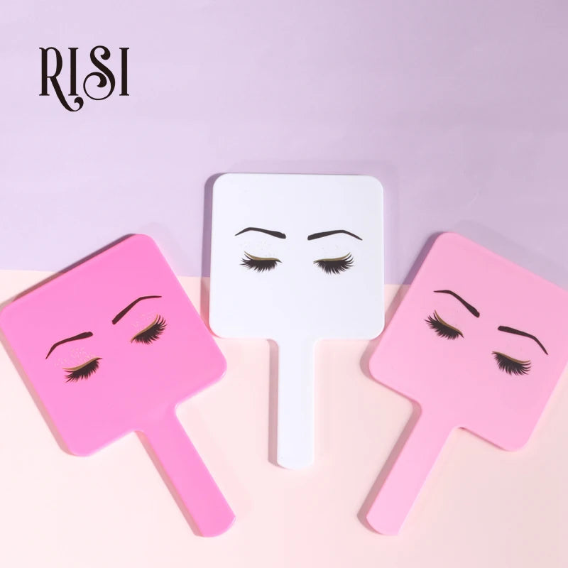 RISI Lovely Private LOGO Eyelash Extension Handheld Makeup Mirror Fashion Eyelash Mirror With Handle