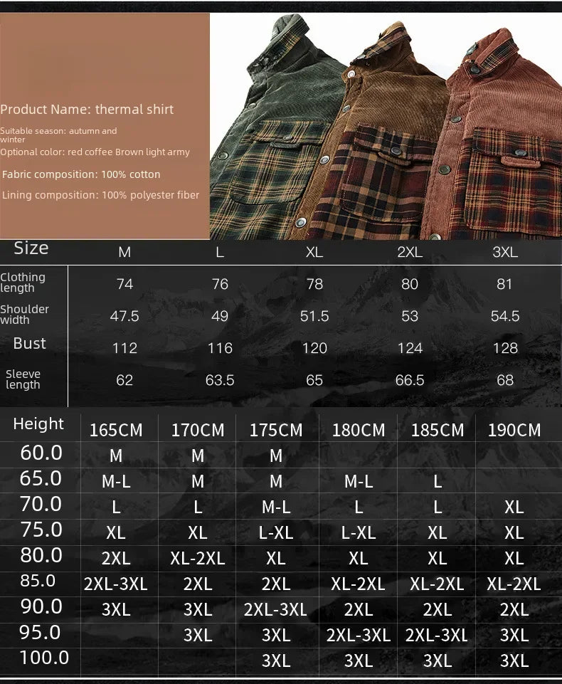 Men's Fleece-lined Thickened Plaid Long Sleeve Shirt Warm Business Casual Fashion Cotton Shirt Jacket