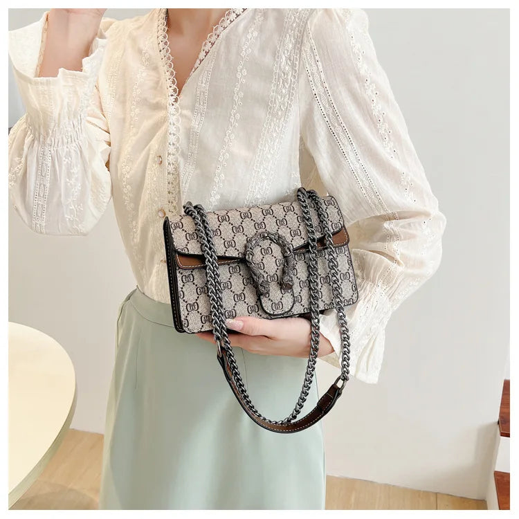 New retro printed chain bag popular underarm bag oblique span shoulder small square bag