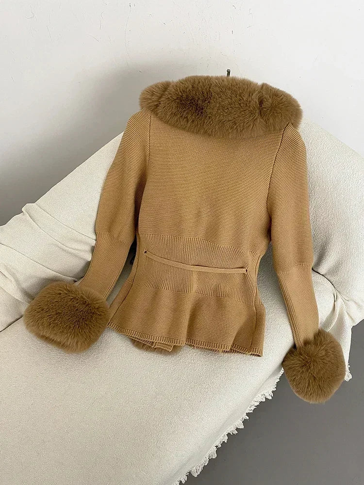 Fall Winter Women Faux Fur Coat Luxury Patchwork Knitted Sweater Bandage Fur Cardigan Detachable Collar Jackets Faux Fur Coats