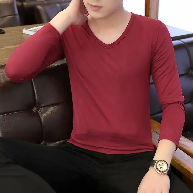 Men's Long Sleeve Black V-neck Base Layer T-shirt Solid Color Autumn Innerwear Thin Style Comfortable Men's Top