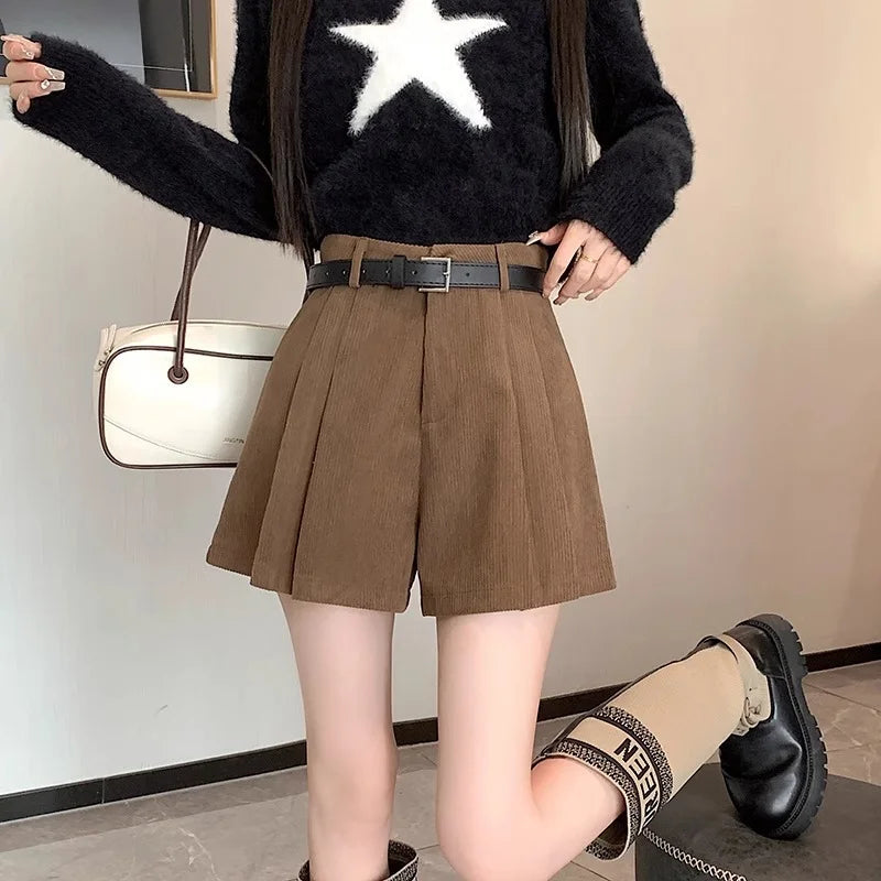 Corduroy Velvet Women Shorts Autumn Winter High Waist Slim Flared Trousers Fashionable Temperament A- crotch Boots