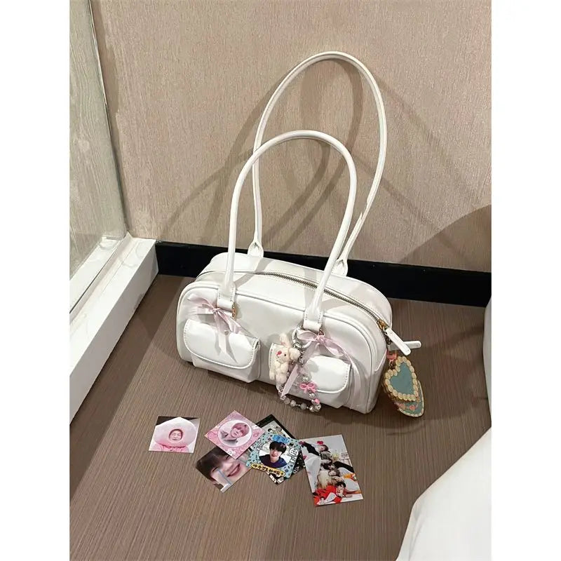 JIAERDI Retro White Bowling Bag Purse Women Hot Girls Leather Pocket Chic Casual Handbag Female Vintage Shoulder Bags Aesthetic