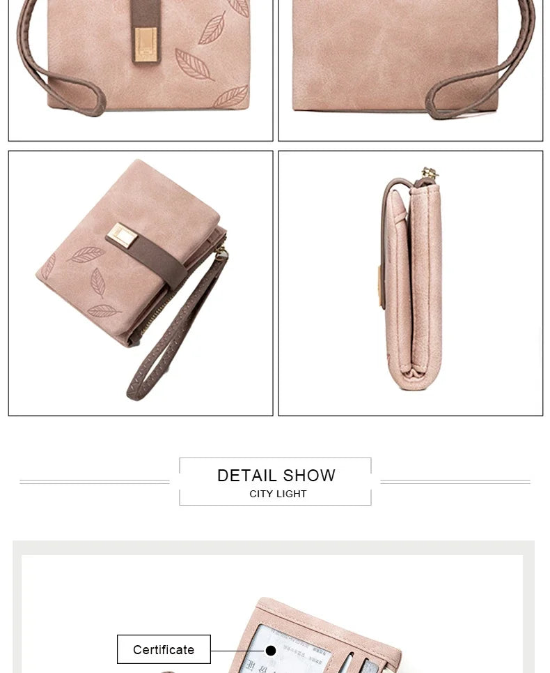 Fashion Female Wallet Short Leaf Print Purse Women Small Nubuck Leather Purse with Wrist Strap