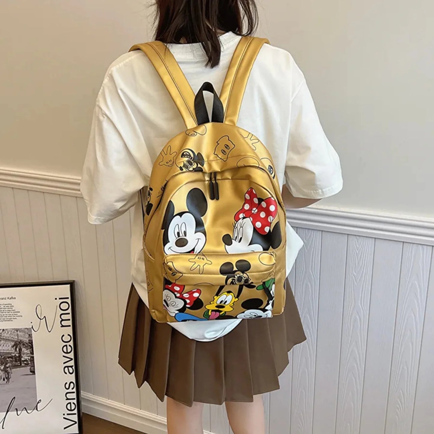 New Disney Mickey PU Leather Backpack Classic Cartoon Laptop Bag Minnie Mouse Large Capacity School Bag Women Fashion Tote Bag