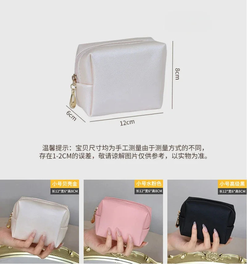 Women Cosmetic Bag Waterproof PU Leather Solid Color Small Makeup Pouch Travel Wash Toiletry Storage Bag Organizer Purse 2023