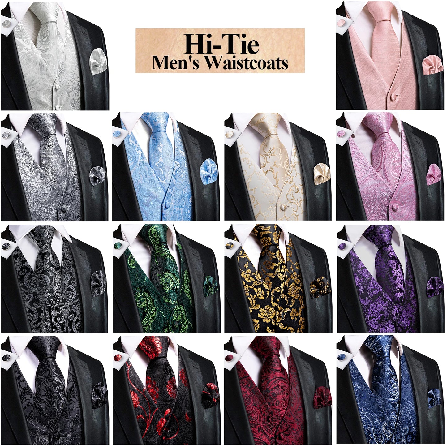 Hi-Tie Black Men Silk Vest Paisley Jacquard Necktie Hankerchief Cufflinks Sets Male Sleeveless V-Neck Waistcoat Business Formal