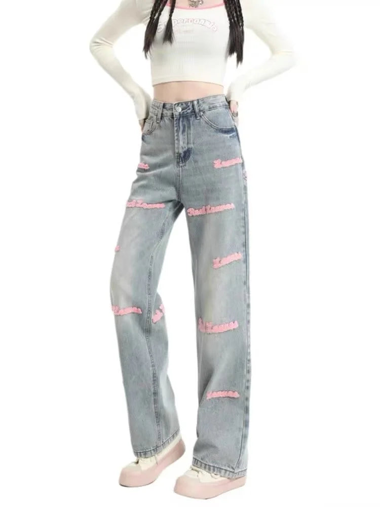 Loose Embroidered High-waist Women Jeans Spring Season Design Letter Straight Crotch Pants Slim Fit Dragging Long Pants