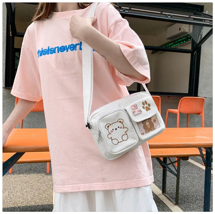 Canvas Small Bag Japanese ins Women Shoulder Bag Cute Funny Personality Embroidery Bear Girl Student Transparent Messenger Bag