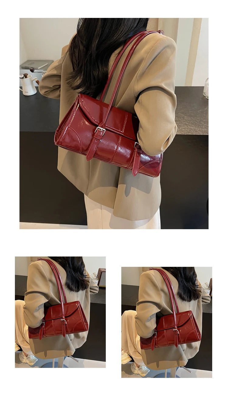 High End Burgundy Oil Wax Leather Underarm Bag Elegant Women's Magnetic Buckle Shoulder Bag Commuter Versatile Ladies Tote Bags