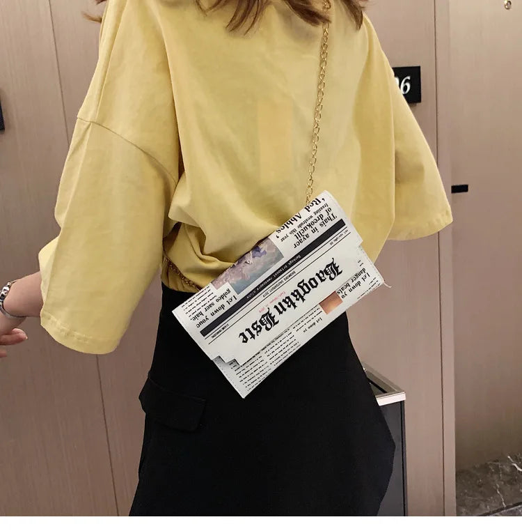 Fashion Women Newspaper Letter Printing PU Leather Shoulder Underarm Bag Casual Ladies Small Purse Buckle Handbag Messenger Bags